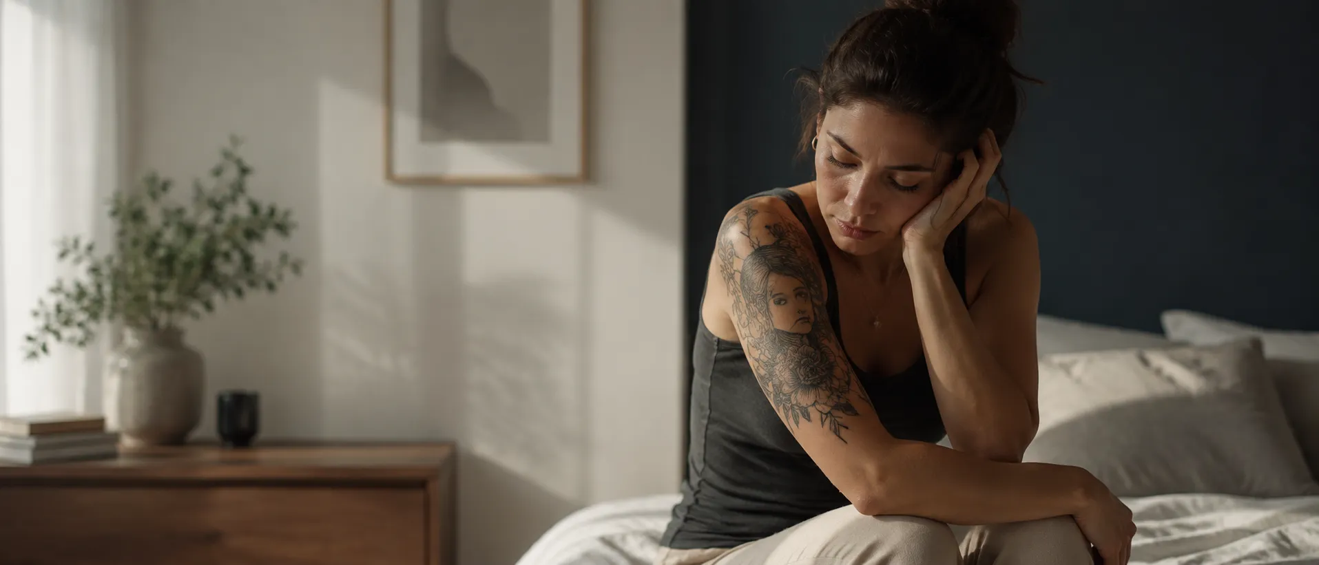 Enlever un tatouage récent : une femme pensive regarde le tatouage encore frais de son bras, assise au bord de son lit