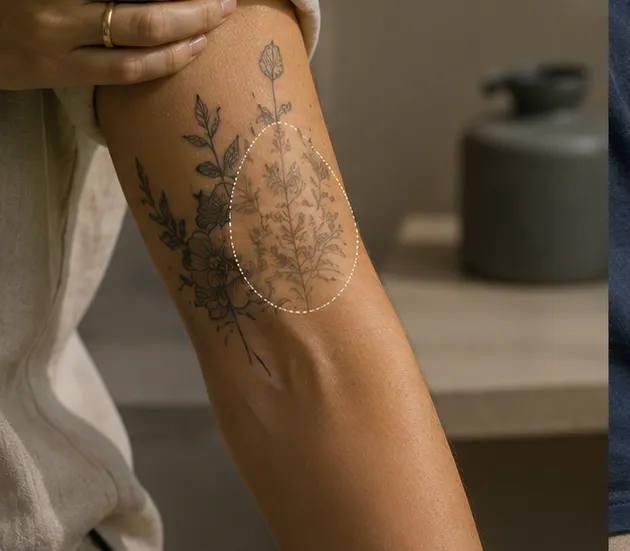 Enlever une partie d'un tatouage : seule la zone délimitée sur le bras est traitée au laser, Clinique esthétique Mozart à Nice