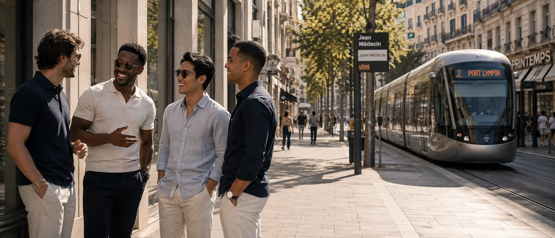 Quatre hommes discutant avenue Jean Médecin à Nice, devant l'arrêt de tramway, à quelques minutes de la Clinique esthétique Mozart