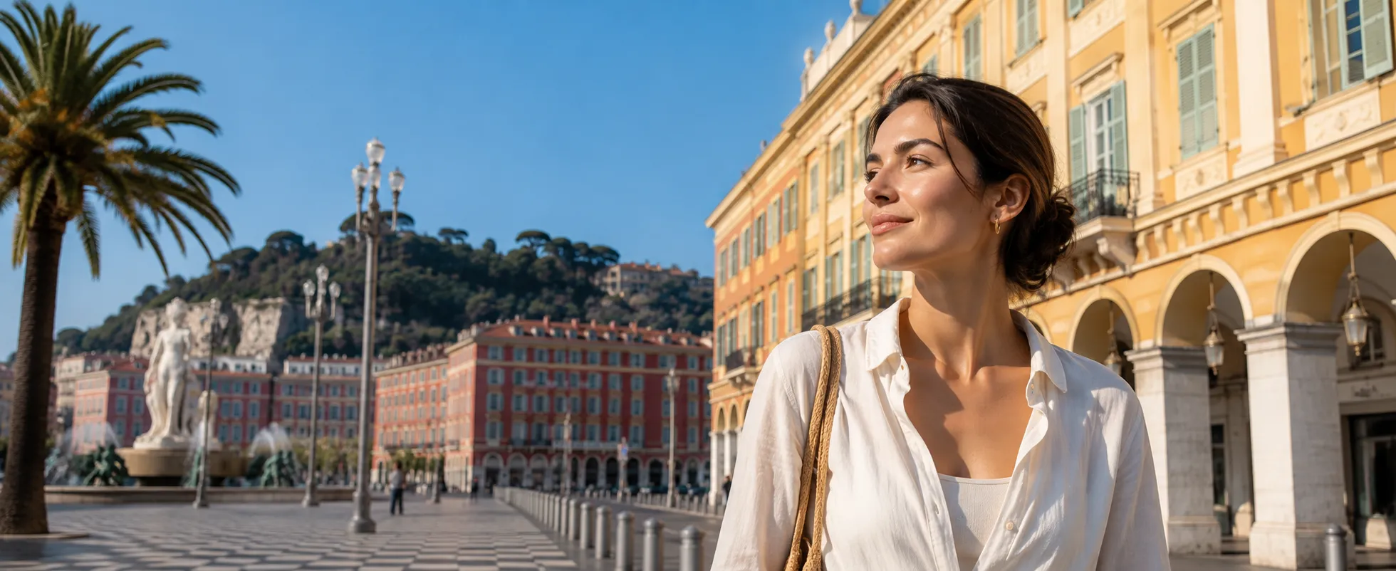 Hyménoplastie à Nice : une femme place Masséna, entre les façades ocre et les palmiers du centre de Nice, Clinique esthétique Mozart