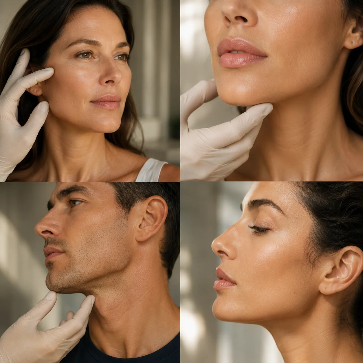 Pommette, lèvres, ligne mandibulaire et profil examinés en consultation, les quatre zones de l'acide hyaluronique, Clinique esthétique Mozart à Nice