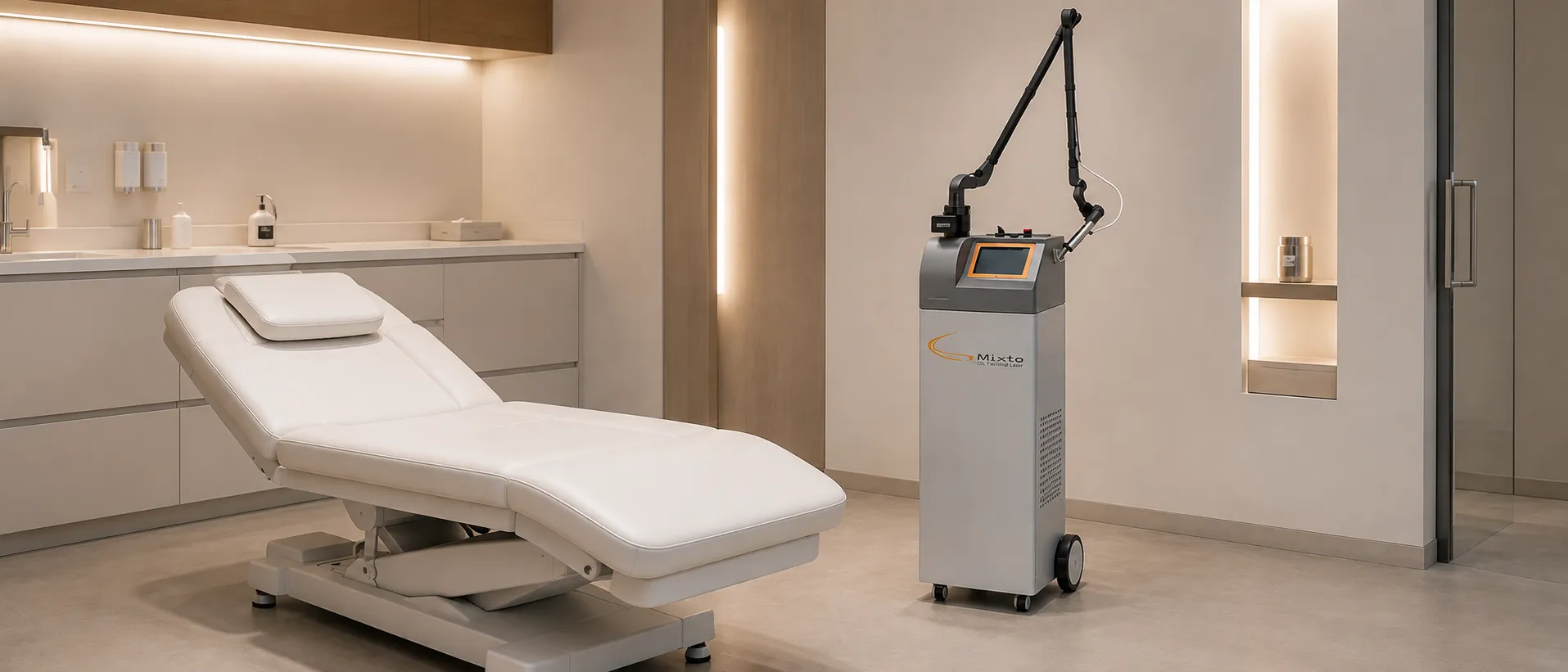 Le laser CO2 fractionné Mixto installé près de la table de soin, Clinique esthétique Mozart à Nice