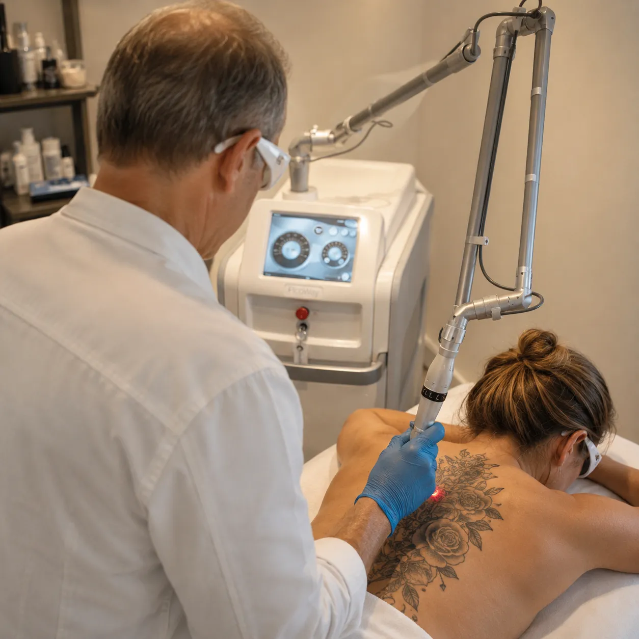 Comment fonctionne le détatouage au laser : la pièce à main du laser passe sur un tatouage du dos, Clinique esthétique Mozart à Nice