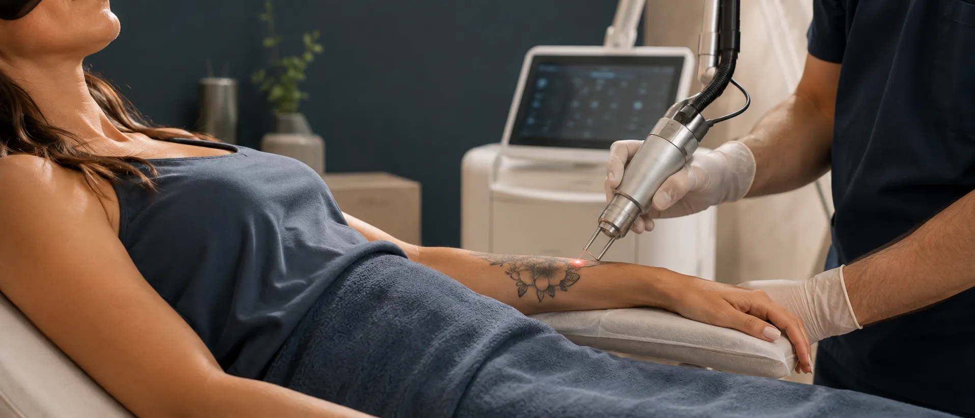 Le détatouage laser fait-il mal ? Une patiente allongée, lunettes de protection sur les yeux, pendant que la pièce à main du laser passe sur le tatouage de son avant-bras, Clinique esthétique Mozart à Nice