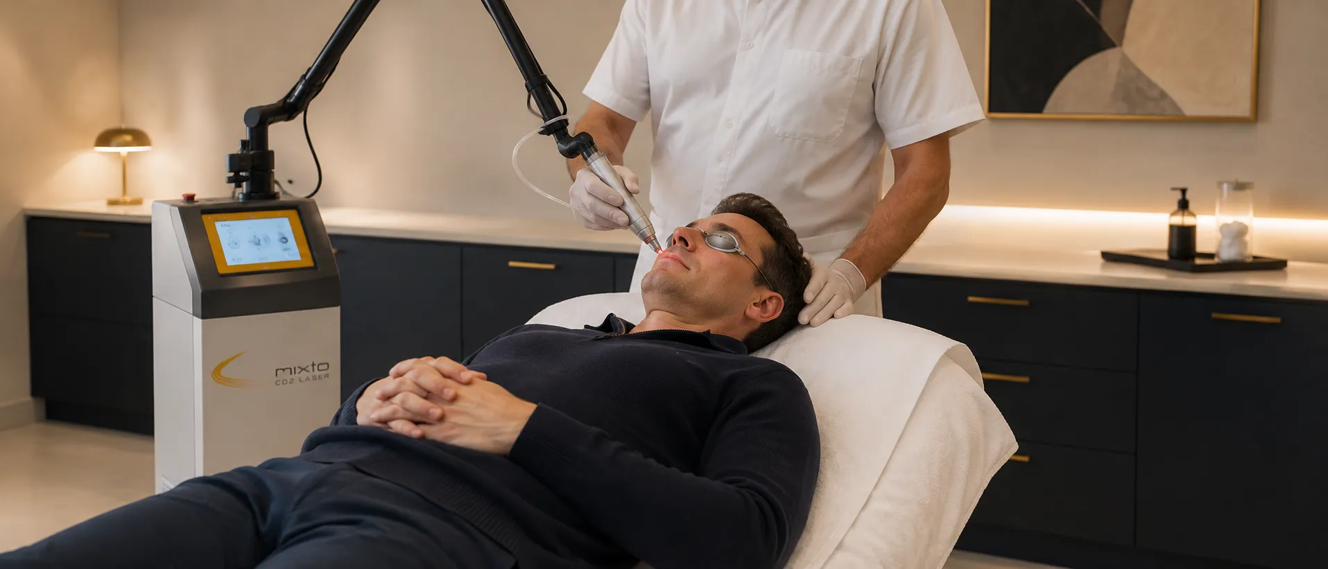 Séance de laser CO2 fractionné à Nice : le patient allongé, les yeux protégés, pendant le passage de la pièce à main, Clinique esthétique Mozart