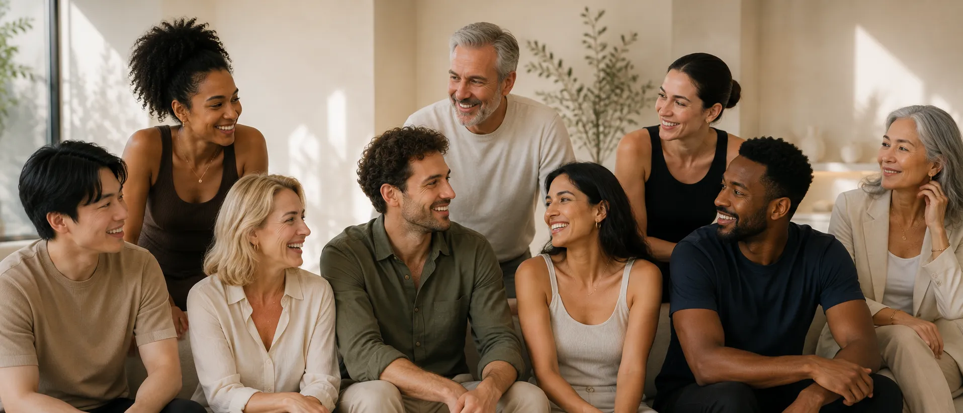 Patientes et patients de types de peau différents réunis dans un salon lumineux, Clinique esthétique Mozart à Nice