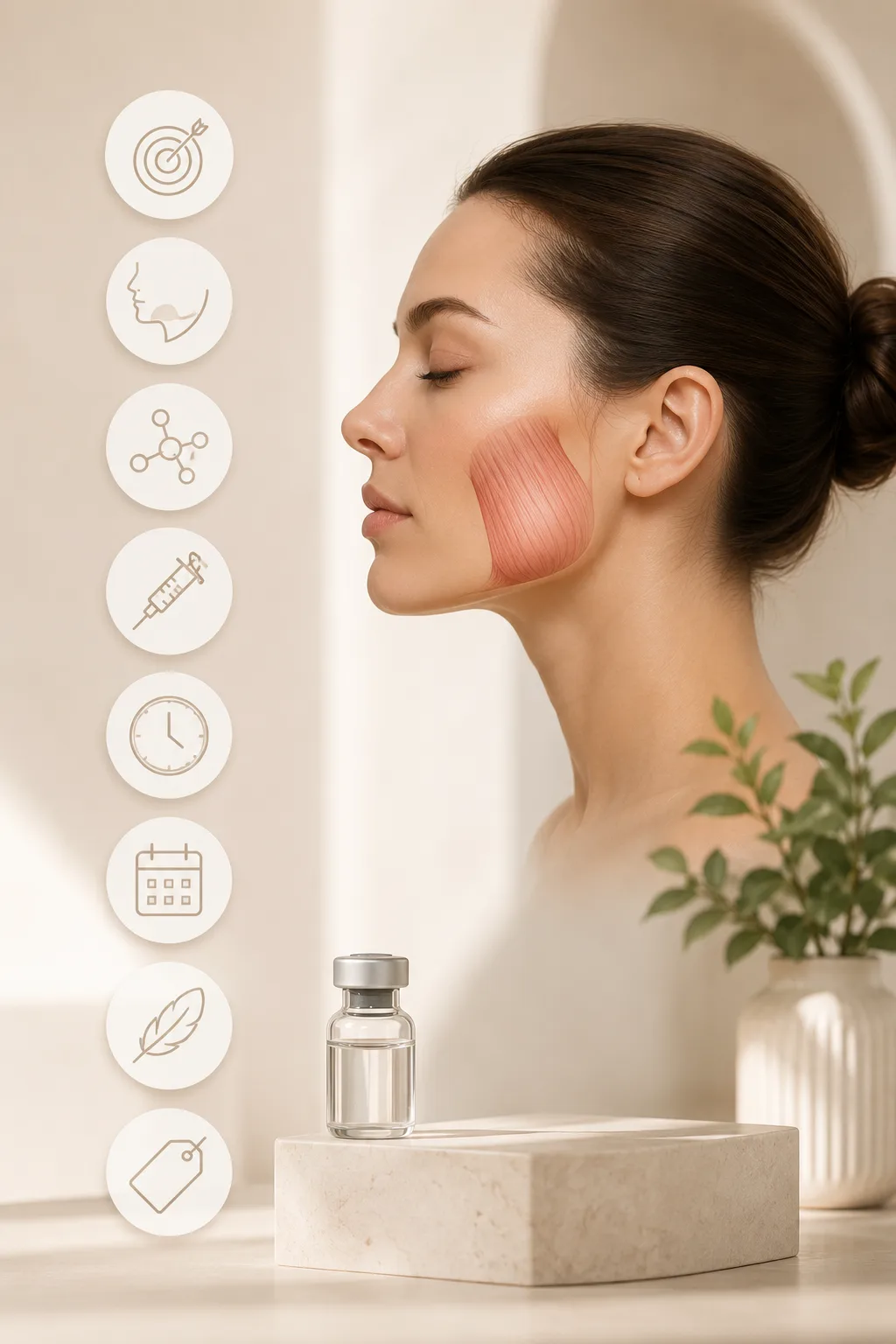 Le muscle masséter : une femme de profil, le masséter mis en évidence à l'angle de la mâchoire, et un flacon de toxine botulique posé devant elle, Clinique esthétique Mozart à Nice