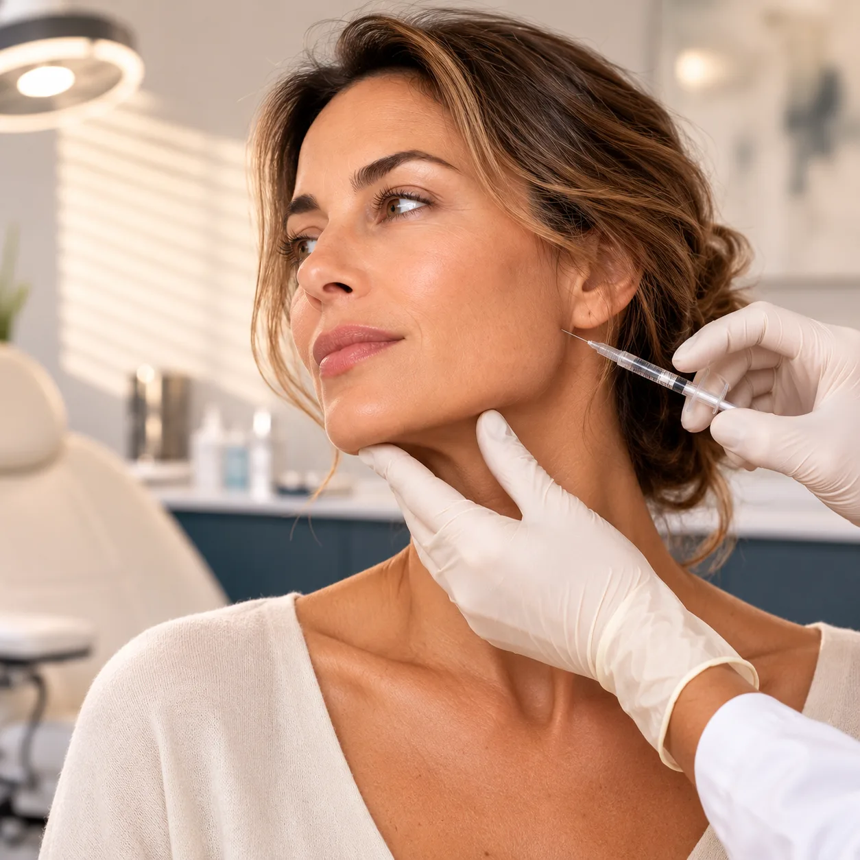 Botox des masséters et bruxisme à Nice : l'angle de la mâchoire d'une femme de profil, Clinique esthétique Mozart