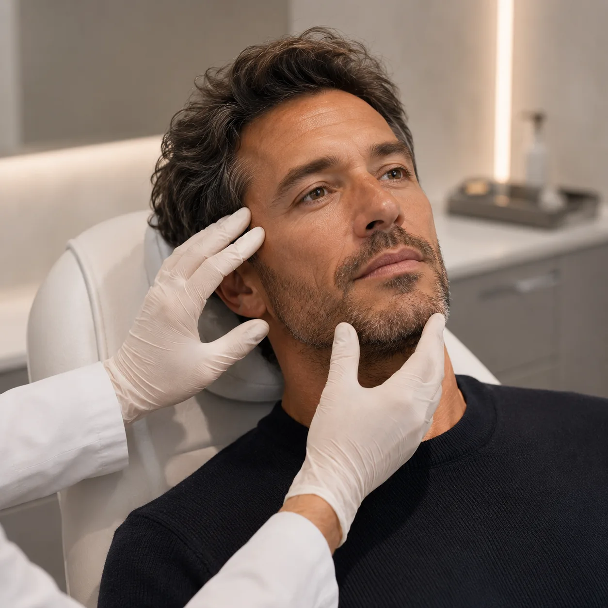Analyse du visage d'un homme lors d'une consultation de médecine esthétique, Clinique esthétique Mozart à Nice