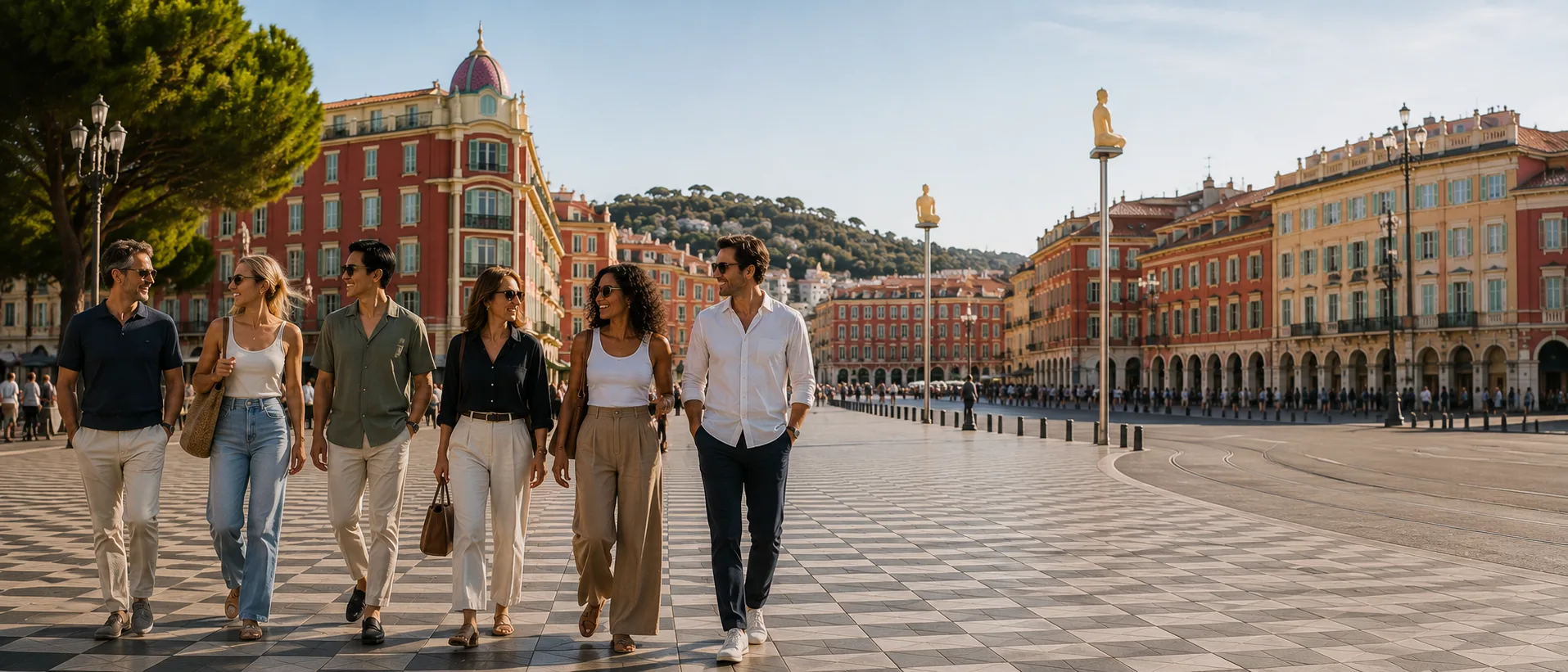 Où faire du botox à Nice : six personnes traversent la place Masséna au soleil, à quelques minutes de la Clinique esthétique Mozart, avenue Auber