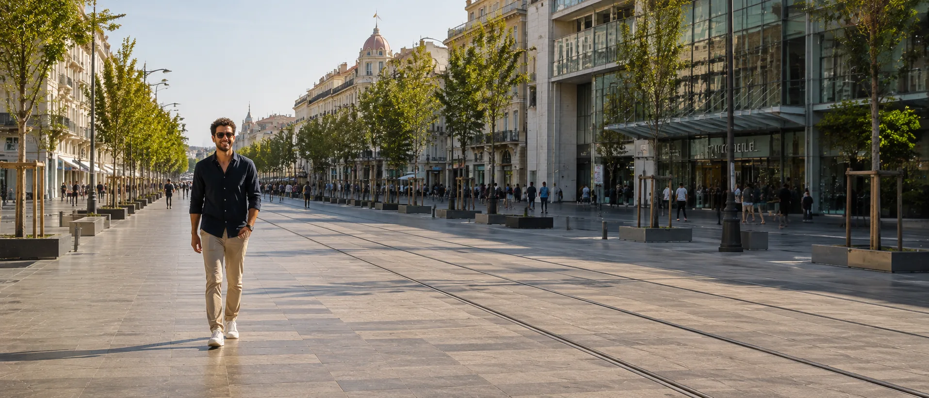 Où faire du botox des masséters à Nice : un homme marche sur l'avenue Jean Médecin au soleil, à quelques minutes de la Clinique esthétique Mozart, avenue Auber