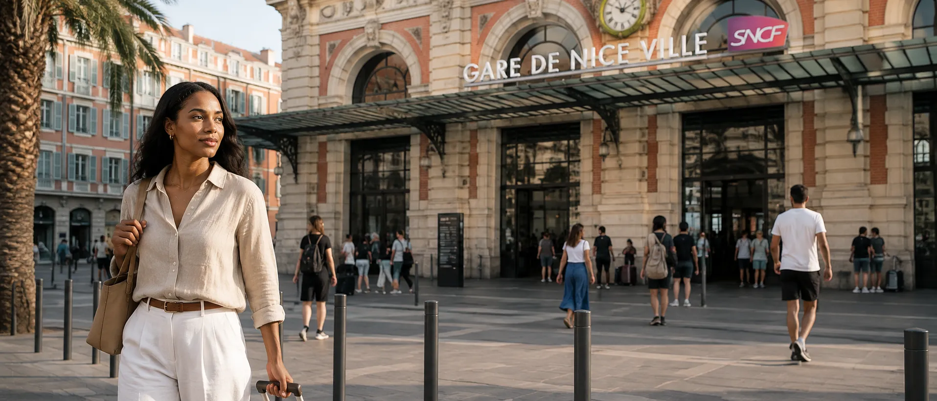 Une voyageuse devant la gare de Nice-Ville, à quelques minutes à pied de la Clinique esthétique Mozart