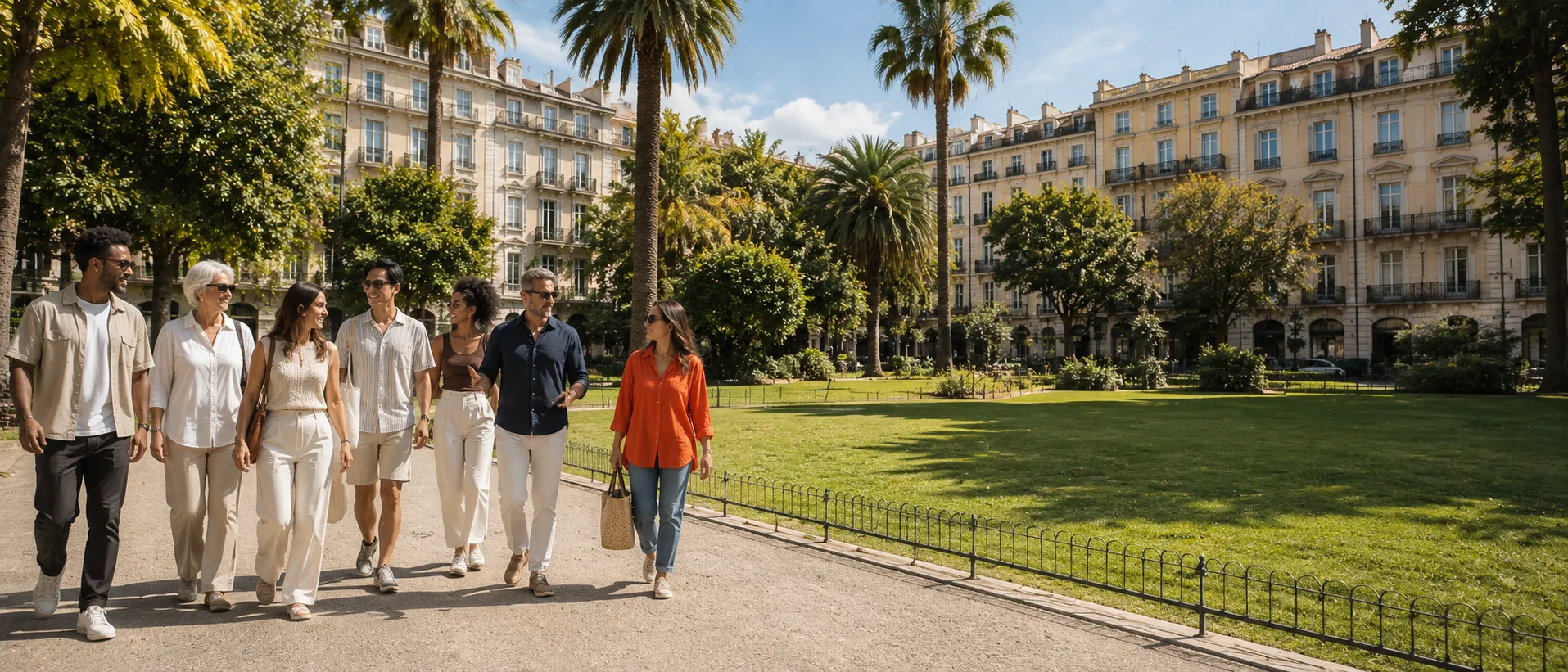 Un groupe marchant dans un jardin du centre-ville de Nice, à proximité de la Clinique esthétique Mozart
