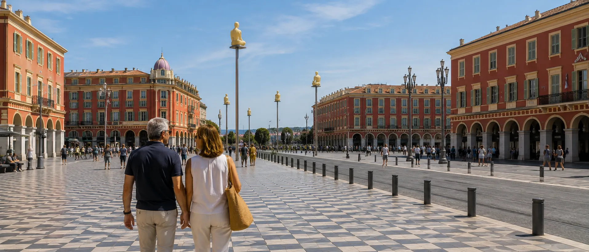 Où faire son laser CO2 fractionné à Nice : un couple traverse la place Masséna, à quelques minutes de la Clinique esthétique Mozart