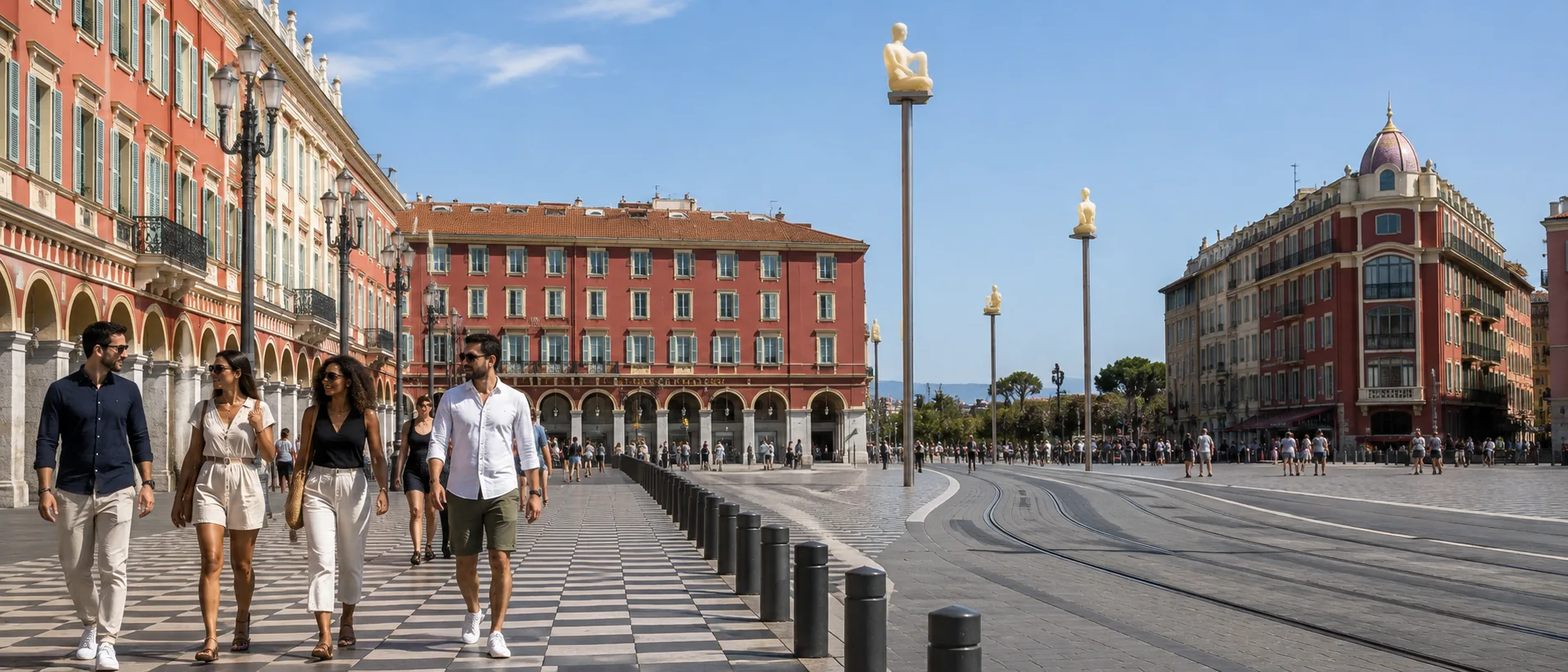 Où réaliser un Full Face Botox à Nice : la place Masséna au soleil, ses arcades ocre et ses statues sur mâts, à quelques minutes de la Clinique esthétique Mozart, avenue Auber