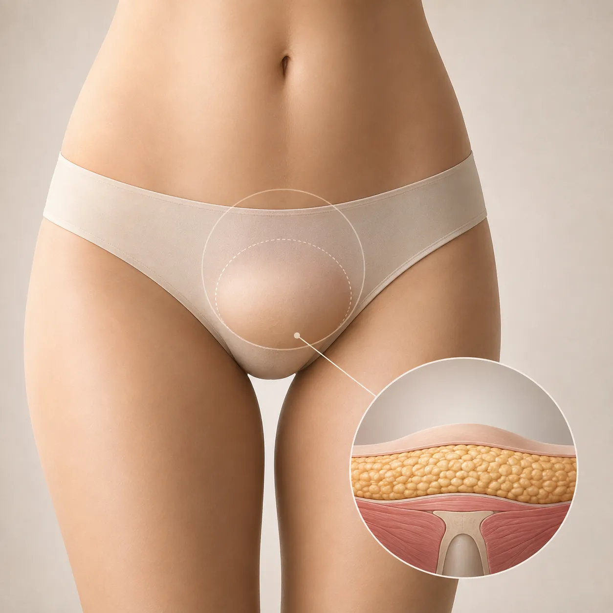 Où se situe le mont de Vénus : la zone du pubis mise en évidence sur une silhouette féminine, et une coupe montrant le coussinet de graisse sous-cutanée en avant de l'os pubien, Clinique esthétique Mozart à Nice