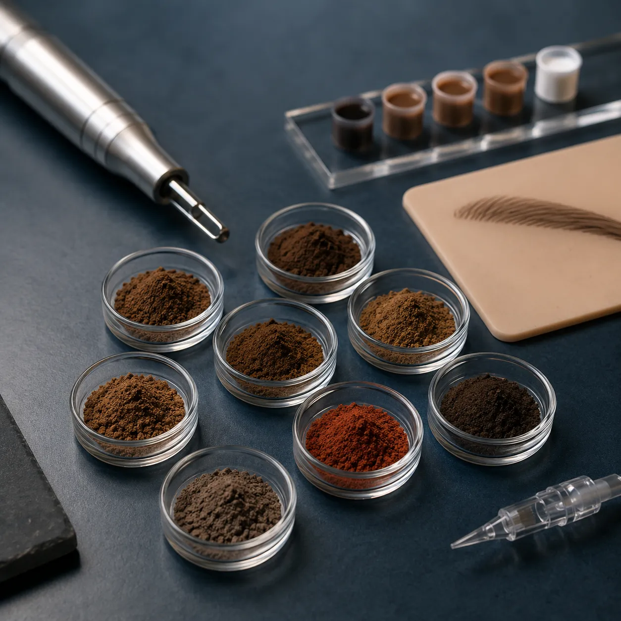 Pigments cosmétiques de maquillage permanent des sourcils, teintes brunes, taupe et rouge, à côté d'un dermographe