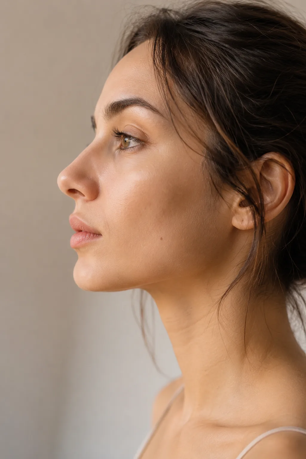 Qu'est-ce qu'une rhinoplastie médicale&nbsp;: portrait de profil d'une femme, la ligne du dorsum et la pointe lisibles, Clinique esthétique Mozart à Nice