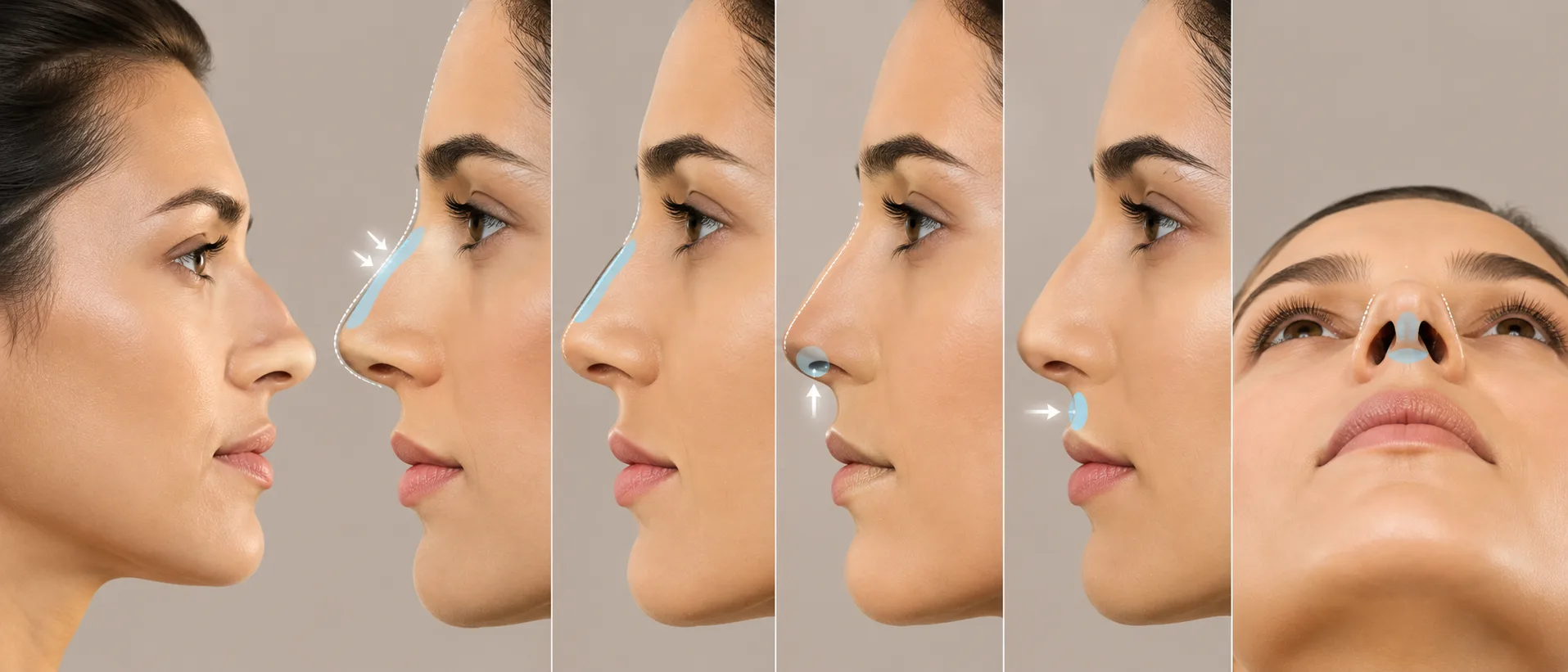 Que peut corriger une rhinoplastie médicale&nbsp;: six vues du même profil, les zones d'injection du dorsum, de la pointe et des angles surlignées, Clinique esthétique Mozart à Nice