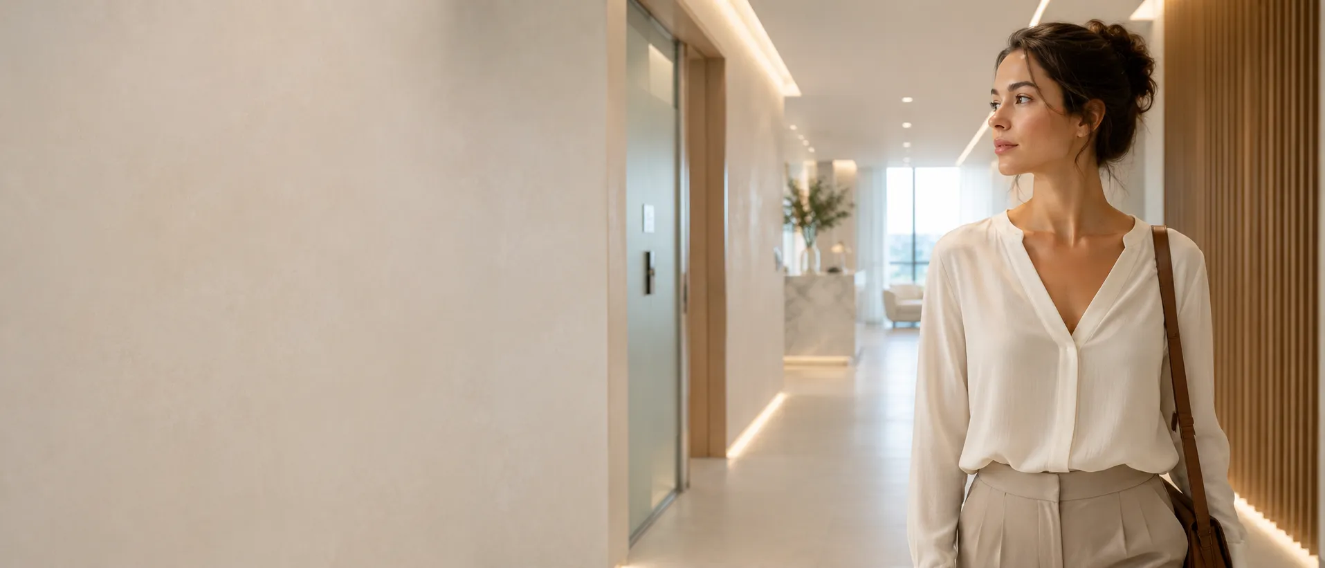 Hyménoplastie à Nice : une femme dans le couloir lumineux de la Clinique esthétique Mozart