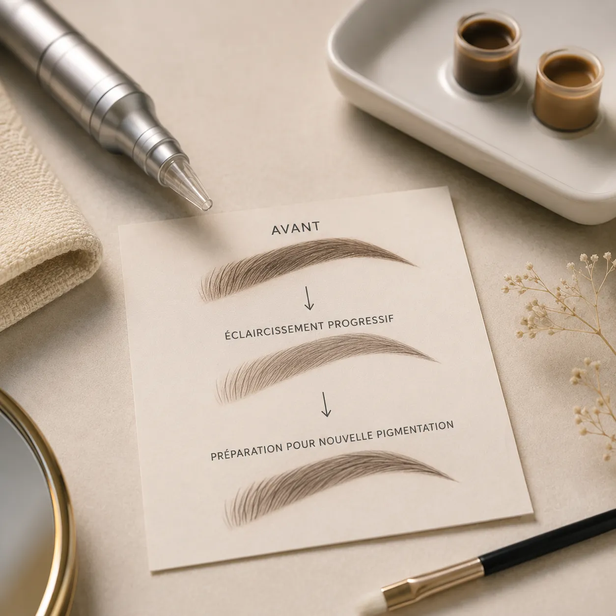 Étapes illustrées sur une fiche : sourcil avant, éclaircissement progressif au laser, préparation pour une nouvelle pigmentation