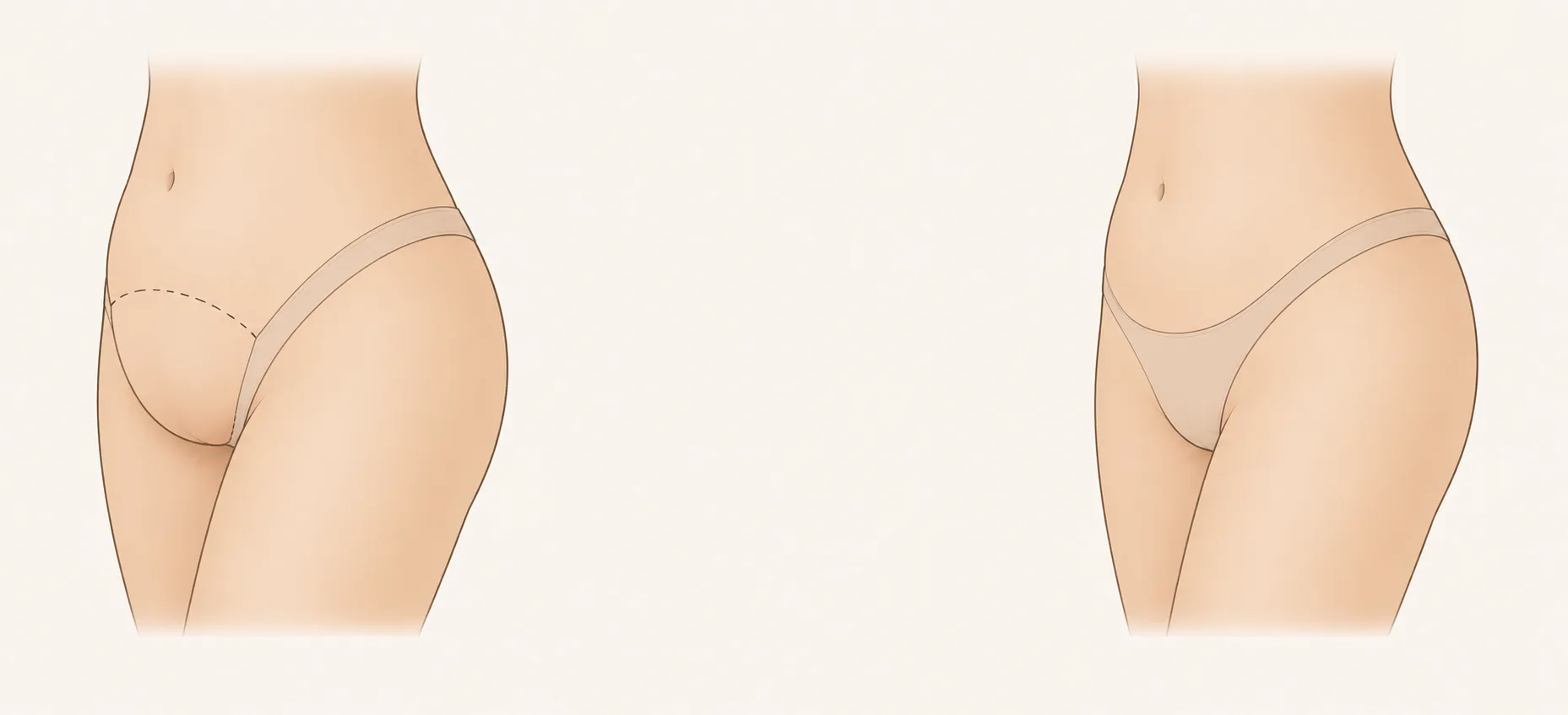 Illustration d'une liposuccion du mont de Vénus à Nice : à gauche la zone à traiter est marquée sur le pubis, à droite le relief affiné s'intègre à la silhouette, Clinique esthétique Mozart