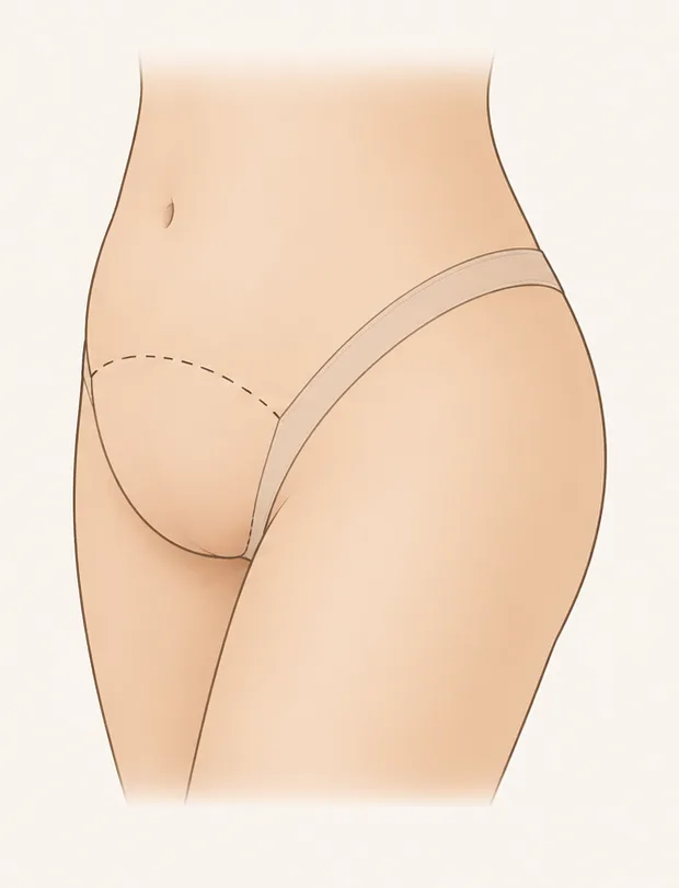Avant une liposuccion du mont de Vénus : le relief du pubis, avec la zone à traiter marquée en pointillés