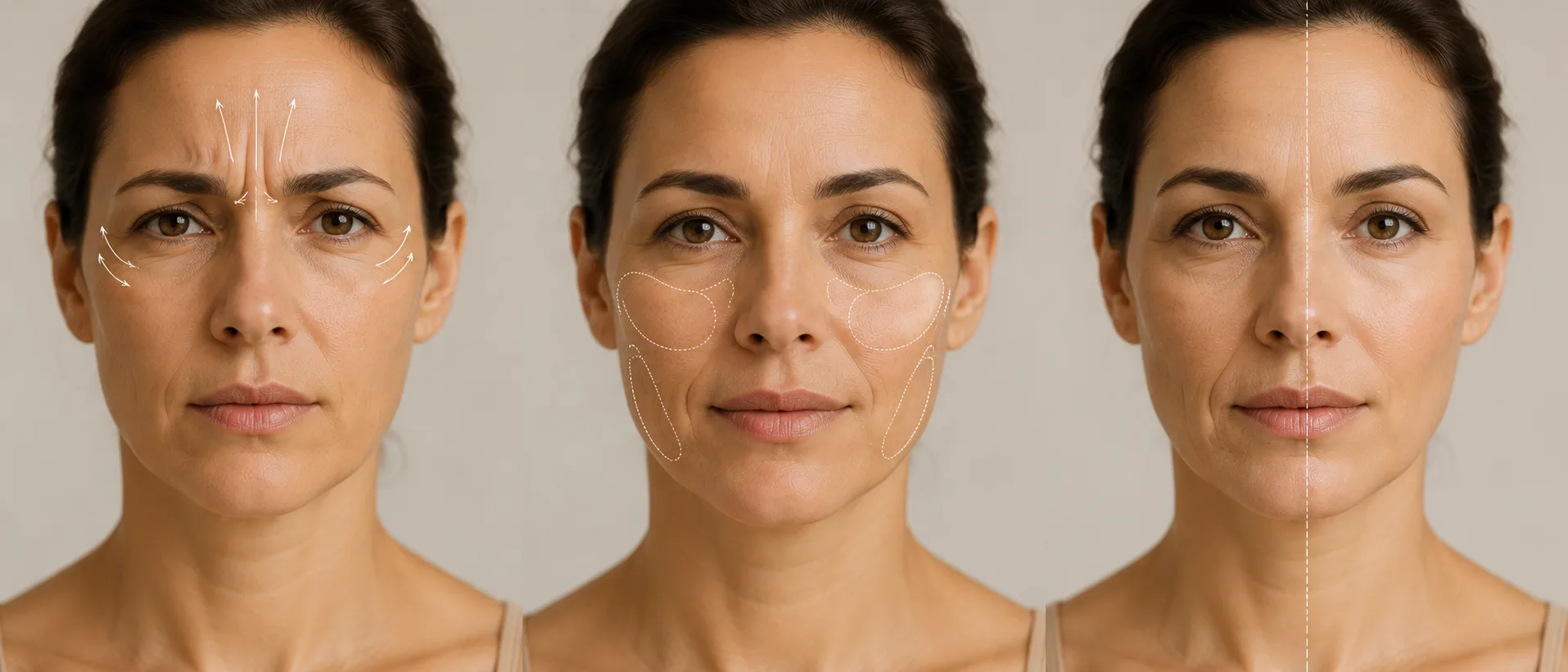 Une ride du mouvement ou une ride du volume : un visage au repos puis en expression, Clinique esthétique Mozart à Nice