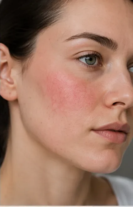 Des rougeurs diffuses sur la joue, évoquant une couperose, traitées au laser vasculaire à la Clinique esthétique Mozart à Nice