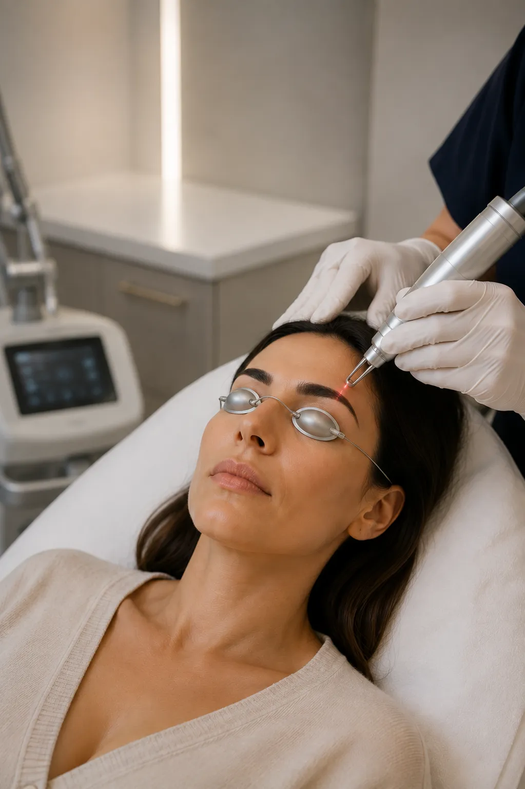 Séance de détatouage des sourcils au laser, les yeux protégés par des coques oculaires, Clinique esthétique Mozart à Nice