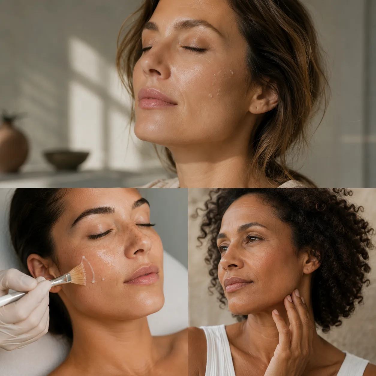 Micro-injections de skinbooster sur la joue, application d'un peeling au pinceau et peau lumineuse après traitement, Clinique esthétique Mozart à Nice