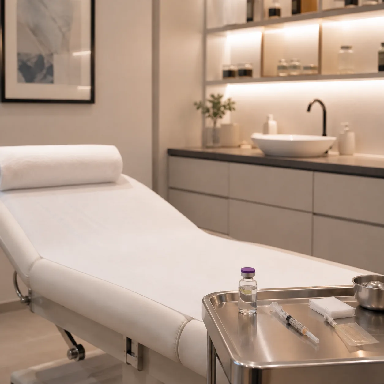 Tarif du botox des masséters à Nice : une salle de soin claire, flacon de toxine botulique et seringue préparés sur un plateau au pied de la table d'examen, Clinique esthétique Mozart