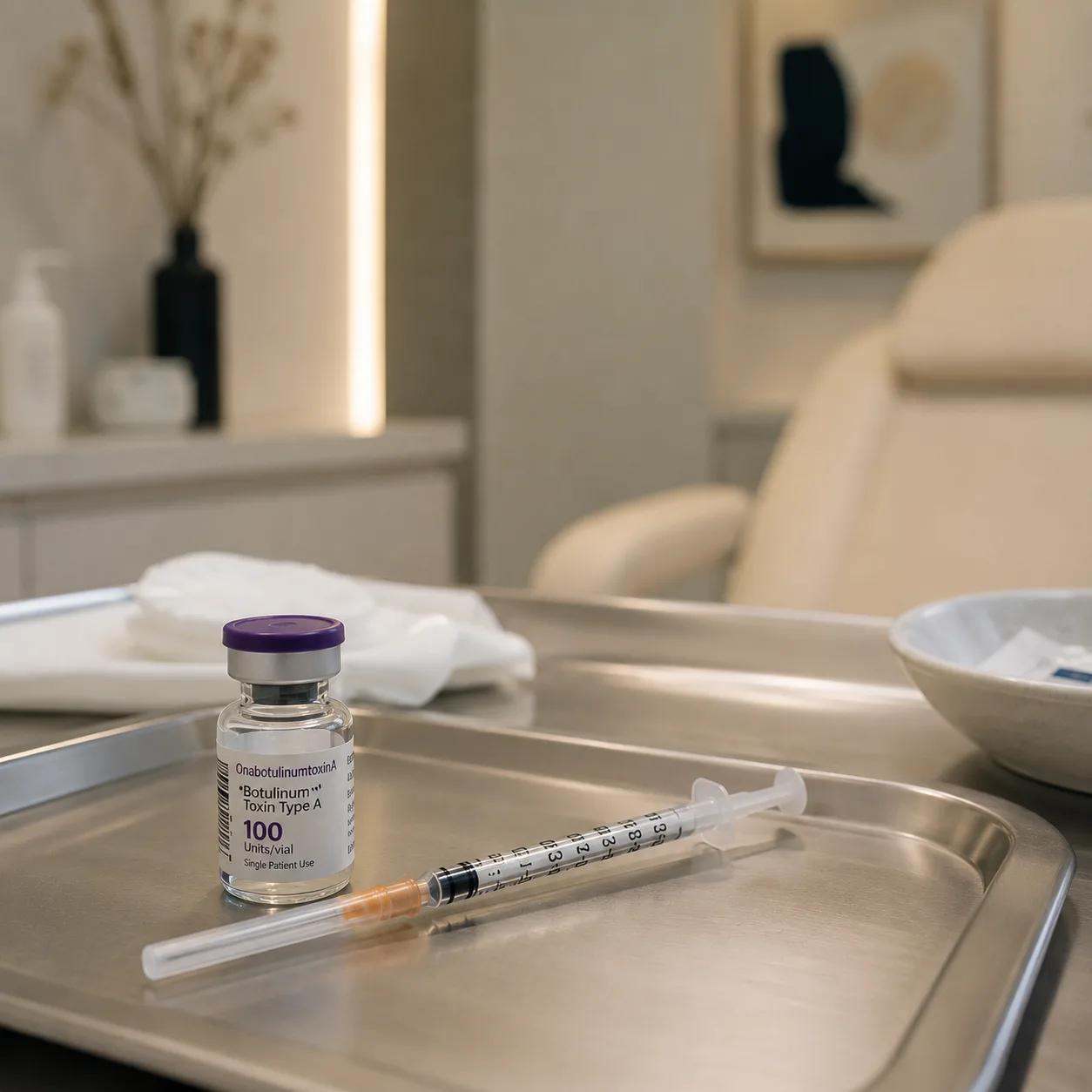 Tarif d'une injection de botox à Nice : flacon de toxine botulique et seringue préparés sur un plateau, en salle de soin, Clinique esthétique Mozart