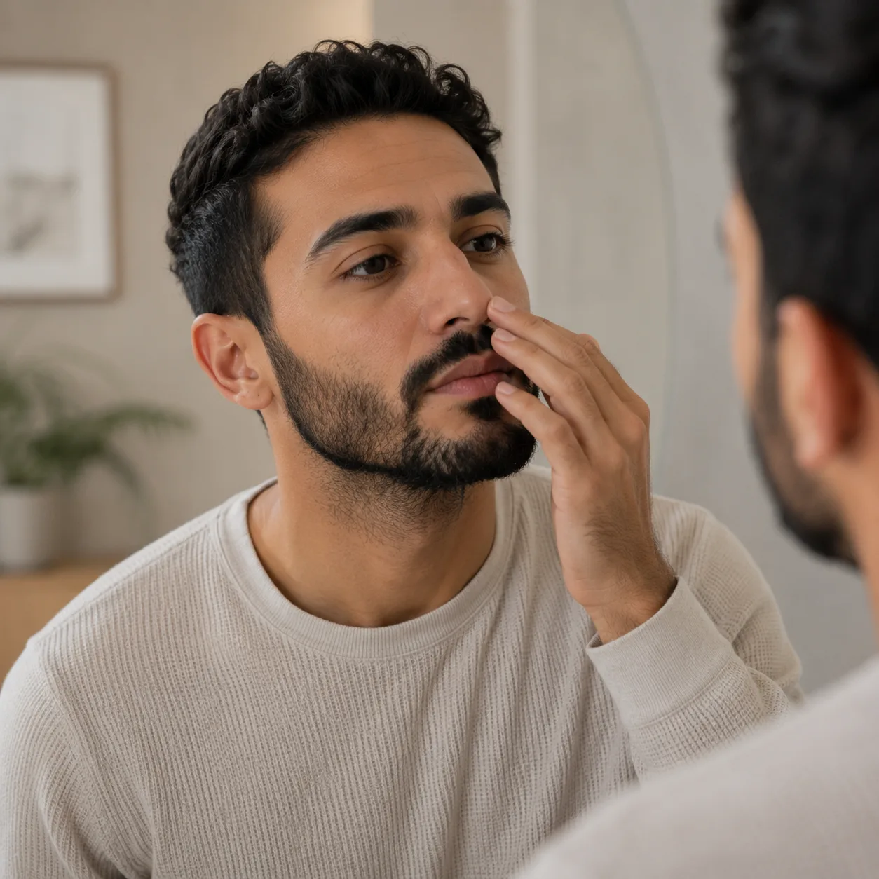 Tarif d'une rhinoplastie médicale à Nice&nbsp;: un homme observe le profil de son nez dans le miroir, Clinique esthétique Mozart