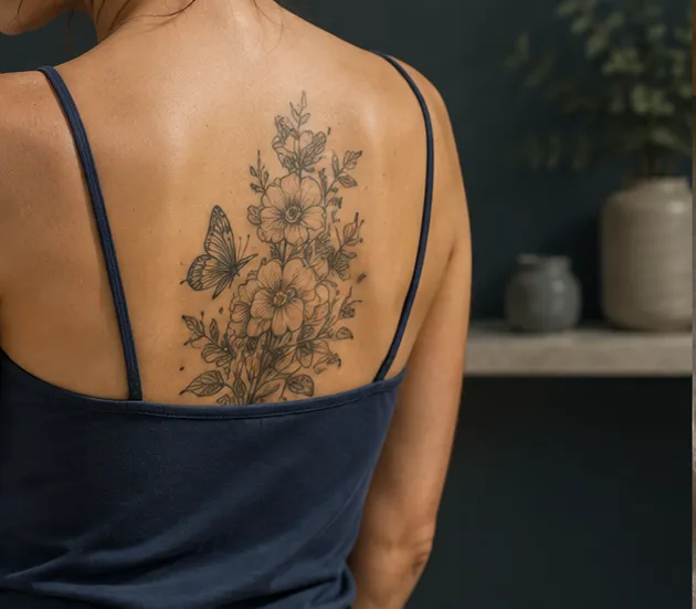 Tout effacer un tatouage : un motif floral du dos traité dans son ensemble au laser, Clinique esthétique Mozart à Nice