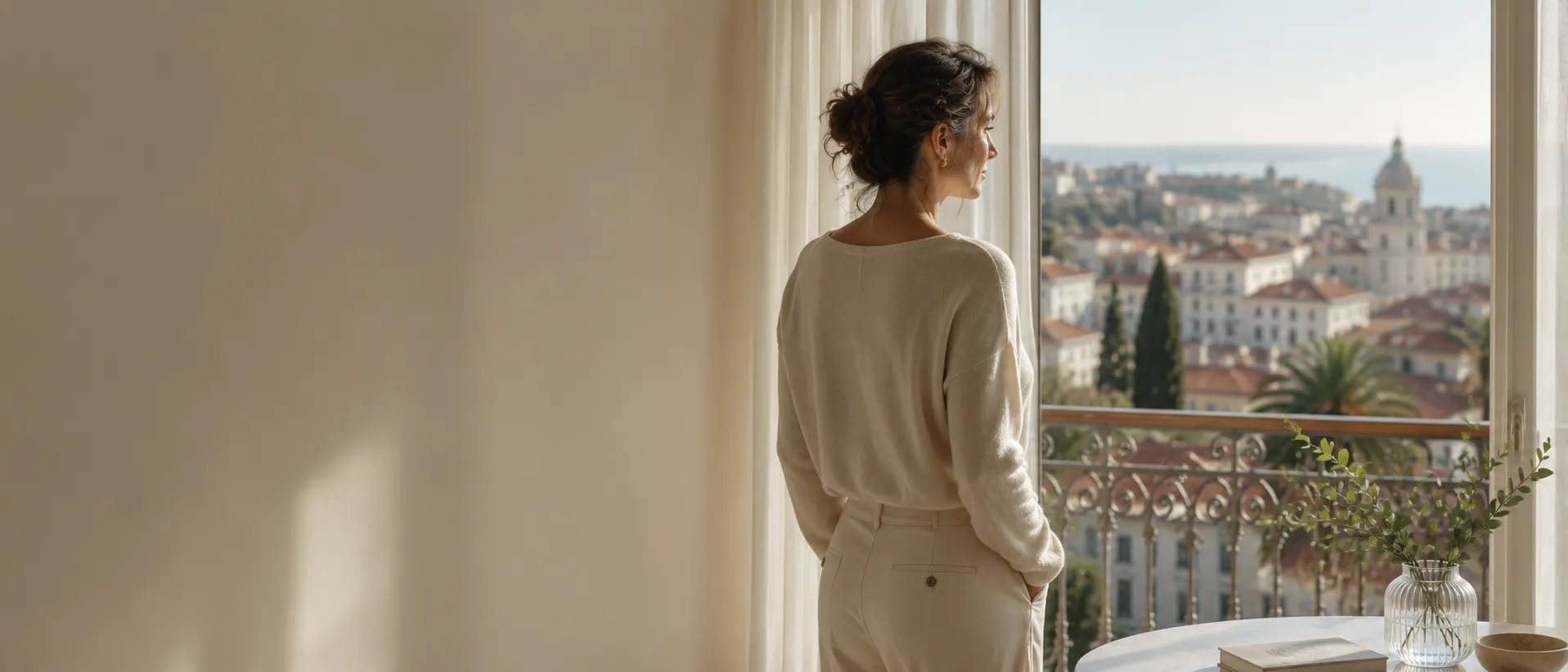 Vaginoplastie à Nice : une femme regarde la ville et la Méditerranée depuis une fenêtre baignée de lumière, Clinique esthétique Mozart