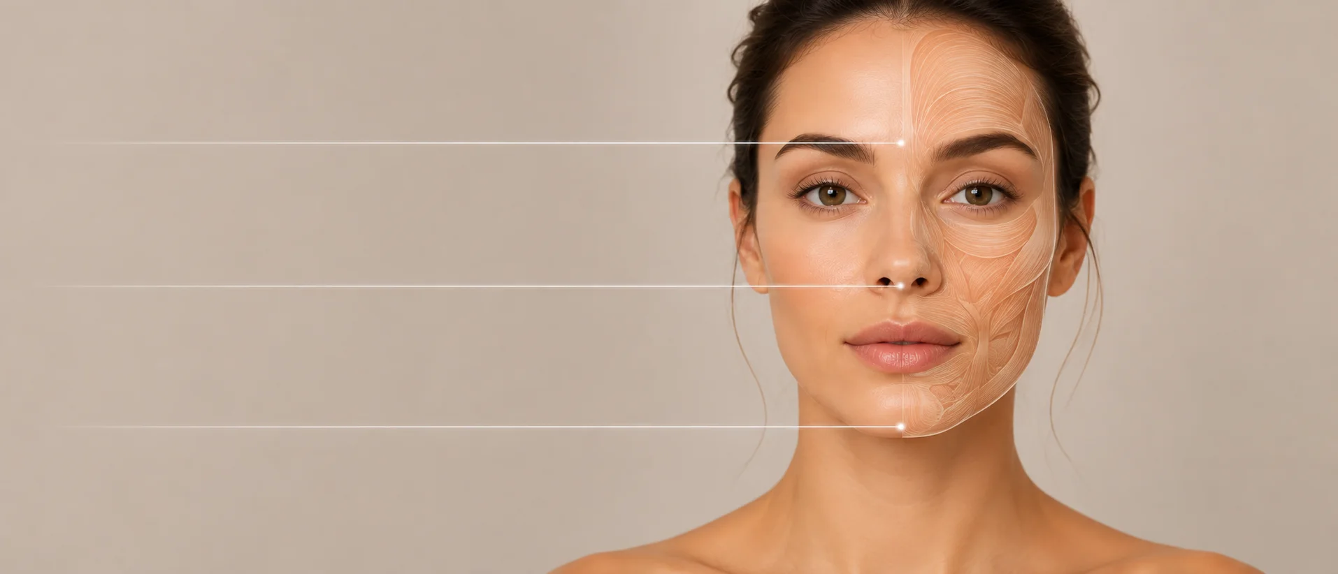Les trois étages du visage : des lignes de repère marquent le tiers supérieur, le tiers moyen et le tiers inférieur, avec la cartographie des muscles du visage en surimpression, Clinique esthétique Mozart à Nice