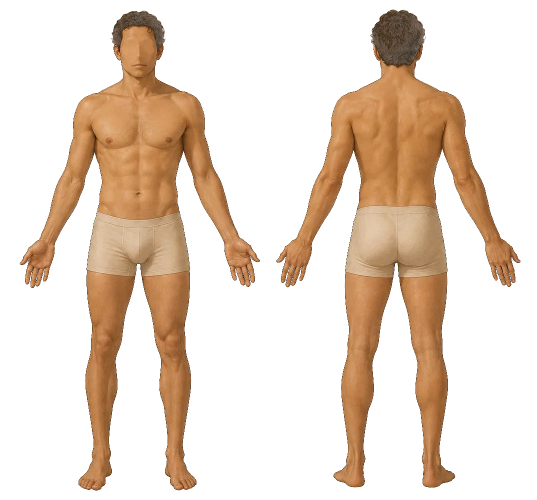 Zones d'épilation laser chez l'homme, vues de face et de dos, Clinique esthétique Mozart à Nice