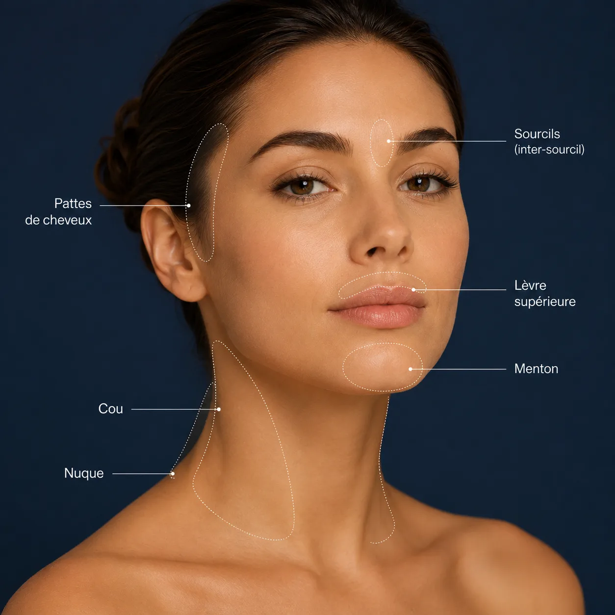 Zones du visage traitées à l'épilation laser&nbsp;: sourcils, pattes de cheveux, lèvre supérieure, menton, cou et nuque, Clinique esthétique Mozart à Nice