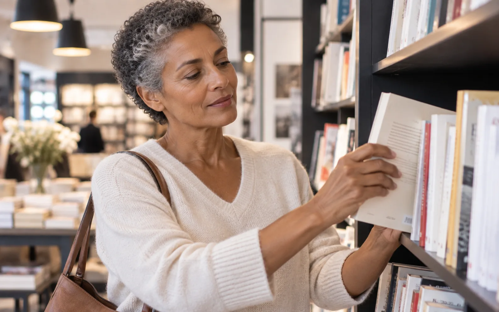 Femme choisissant un livre dans une librairie lumineuse