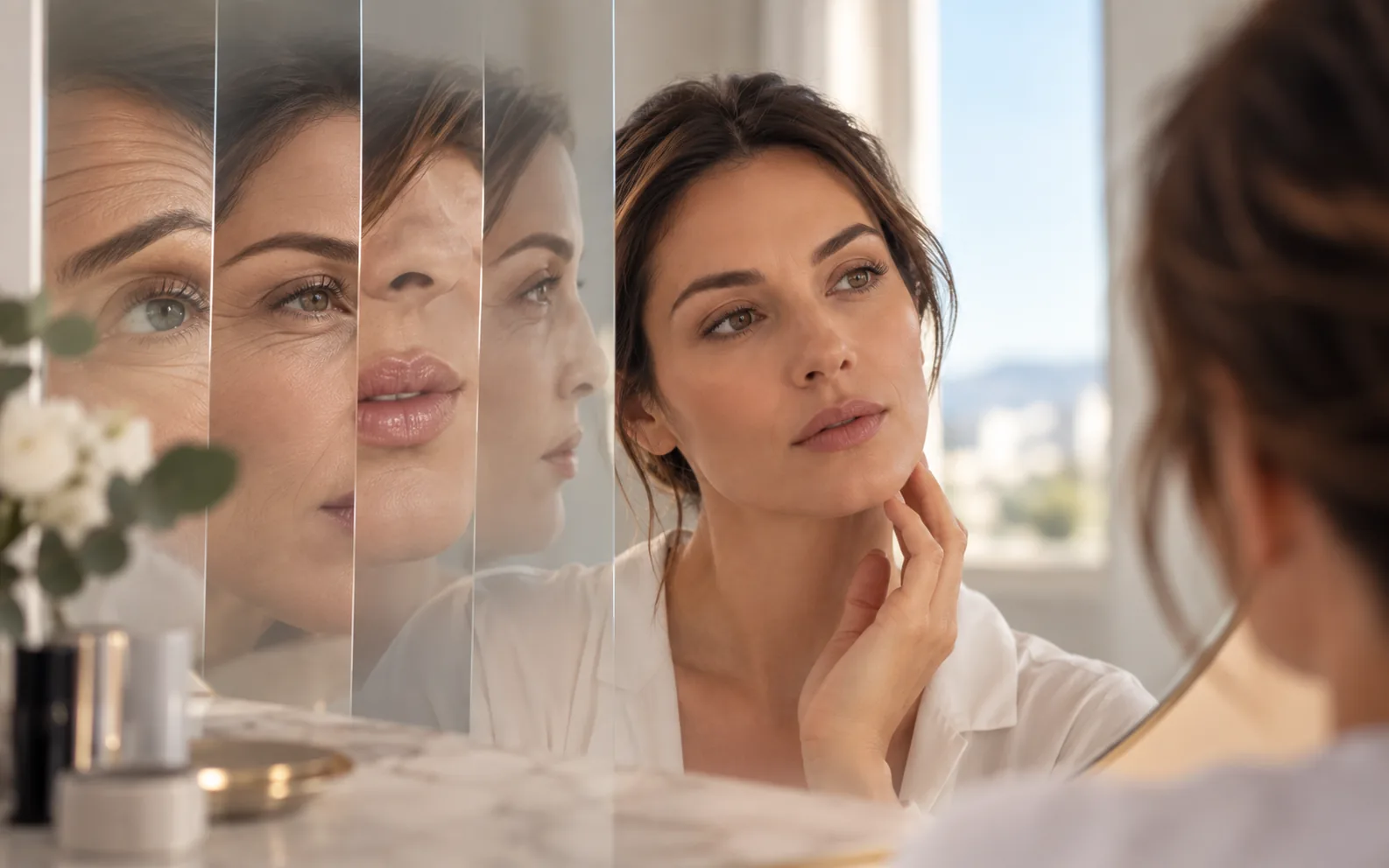 Femme observant son visage dans un miroir, zones du visage détaillées en surimpression