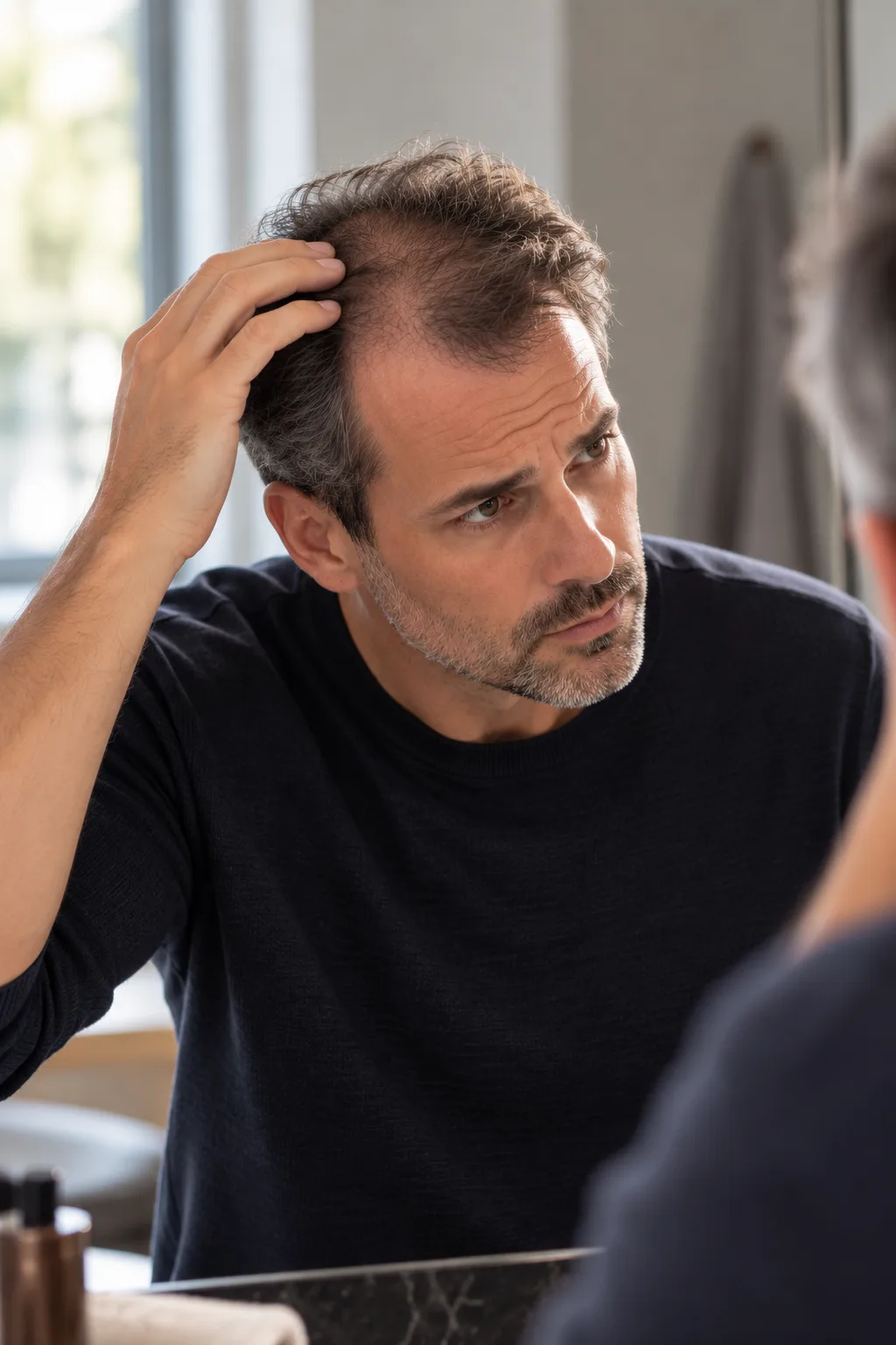 Chute de cheveux chez l'homme : un homme relève ses cheveux devant son miroir et observe le recul de sa ligne frontale, Clinique esthétique Mozart à Nice