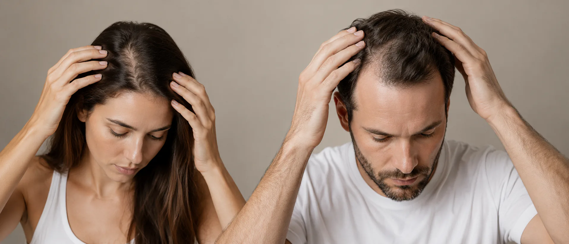 Perte de densité le long de la raie chez une femme et zone dégarnie du sommet du crâne chez un homme, à la Clinique esthétique Mozart à Nice