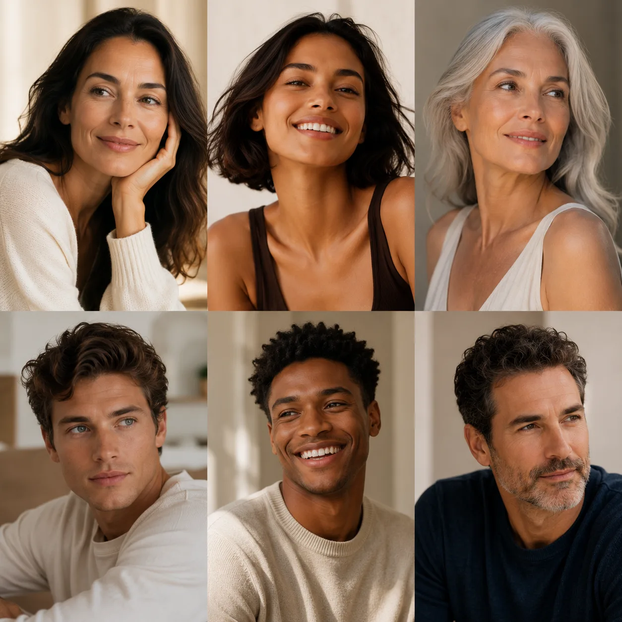 Combien de séances de skinbooster&nbsp;: six portraits de femmes et d'hommes, six peaux différentes, Clinique esthétique Mozart à Nice
