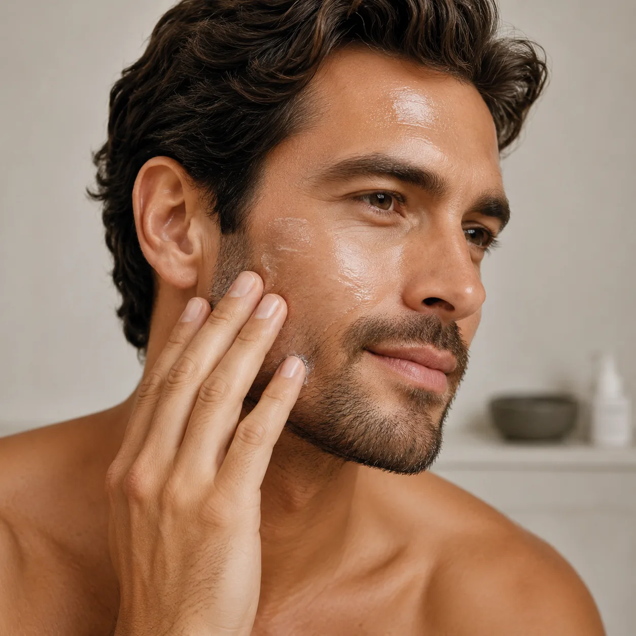 Combien de séances pour un peeling : un homme applique un soin sur sa joue entre deux séances de la cure, Clinique esthétique Mozart à Nice