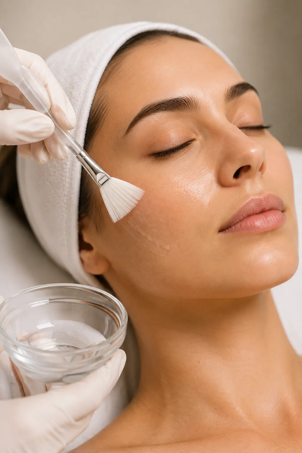 Comment agit un peeling médical superficiel : la solution est appliquée au pinceau sur la joue, de façon contrôlée, Clinique esthétique Mozart à Nice