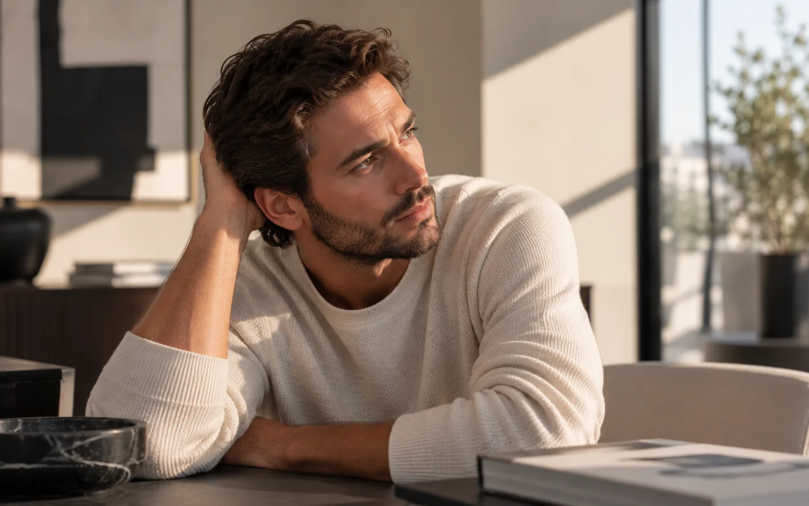 Homme la main posée à l'arrière de la tête, en lumière naturelle