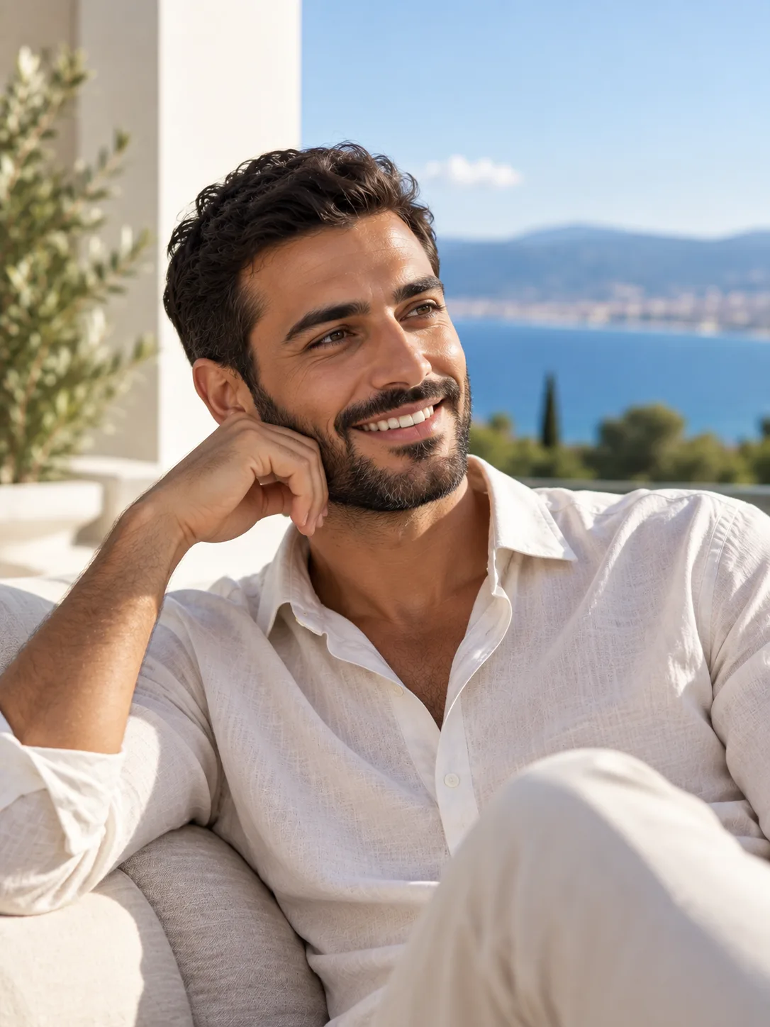 Un homme souriant, assis sur une terrasse dominant la baie de Nice, Clinique esthétique Mozart