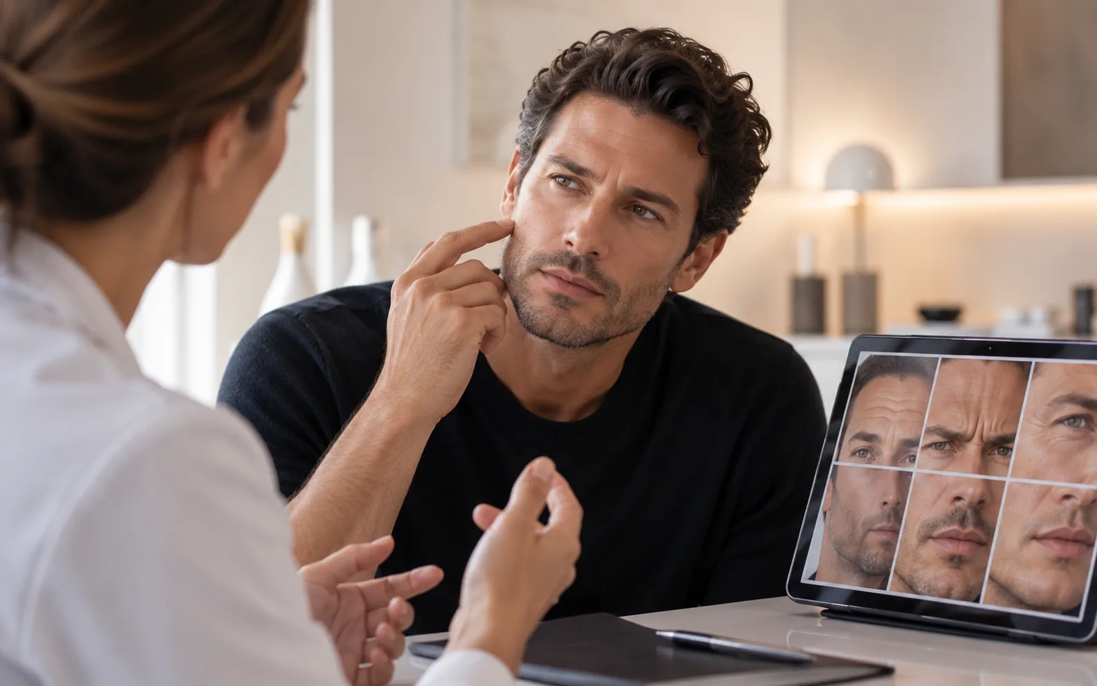 Consultation de médecine esthétique, examen du visage au repos et en mouvement