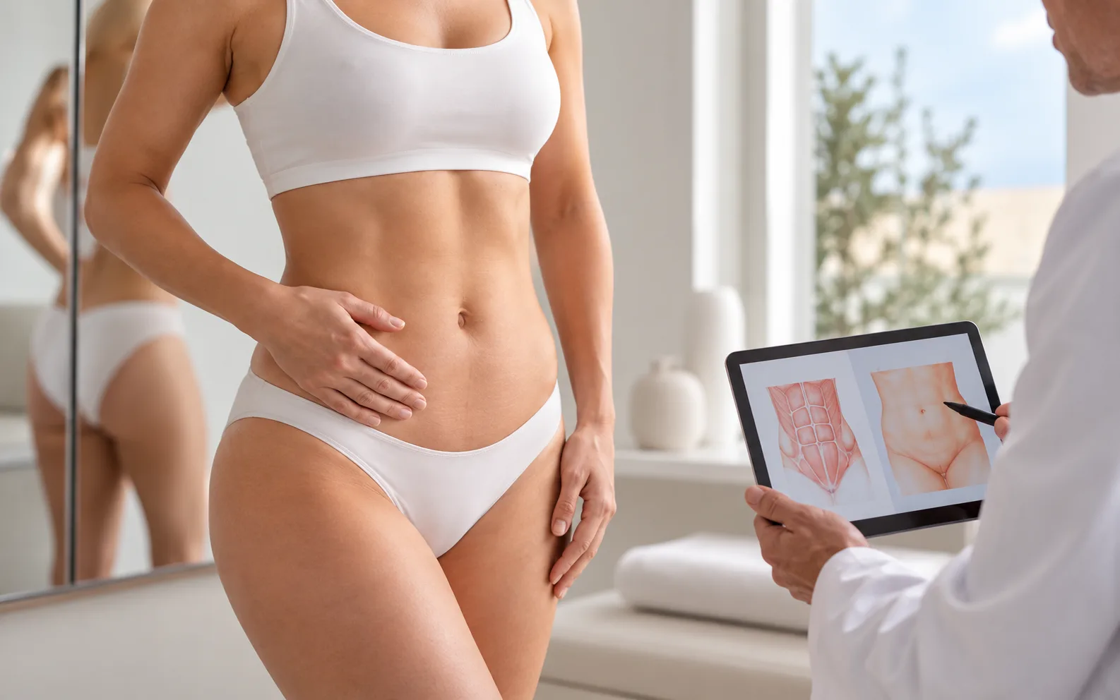 Consultation : le chirurgien montre un schéma de la paroi abdominale sur une tablette